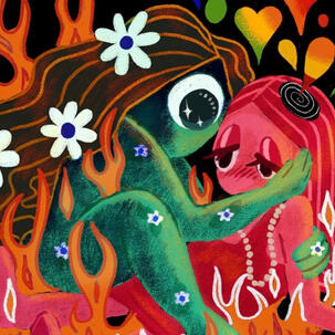 A cropped image of the album cover of "Burn Pygmalion". Shown is a green monster with one eye caressing a red-haired red-skinned girl wearing a red dress.